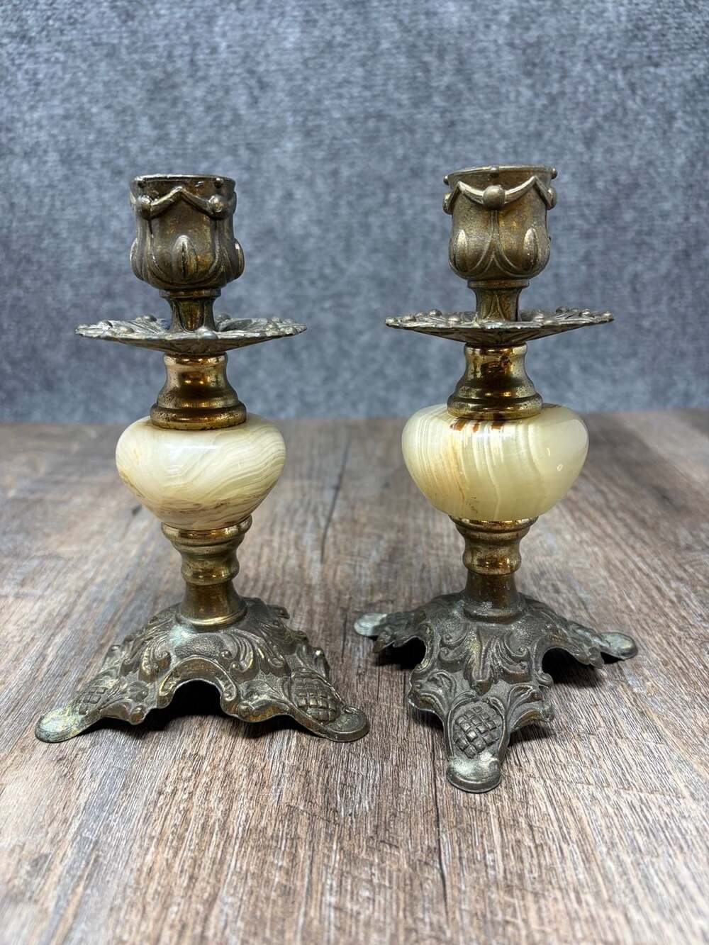 Vintage Italian Brass and Alabaster Candlesticks Pair Made in Italy Ornate 6.25"